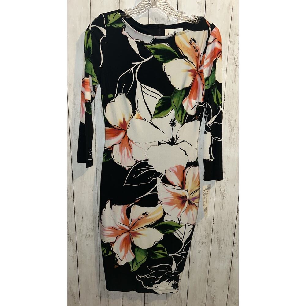Joseph Ribkoff Womens 3/4 Sleeve Knee Length Sheath Dress Black Floral Size 2